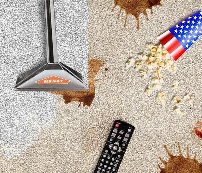Carpet cleaning wand on one side and spills, remote control, and popcorn on the other side.